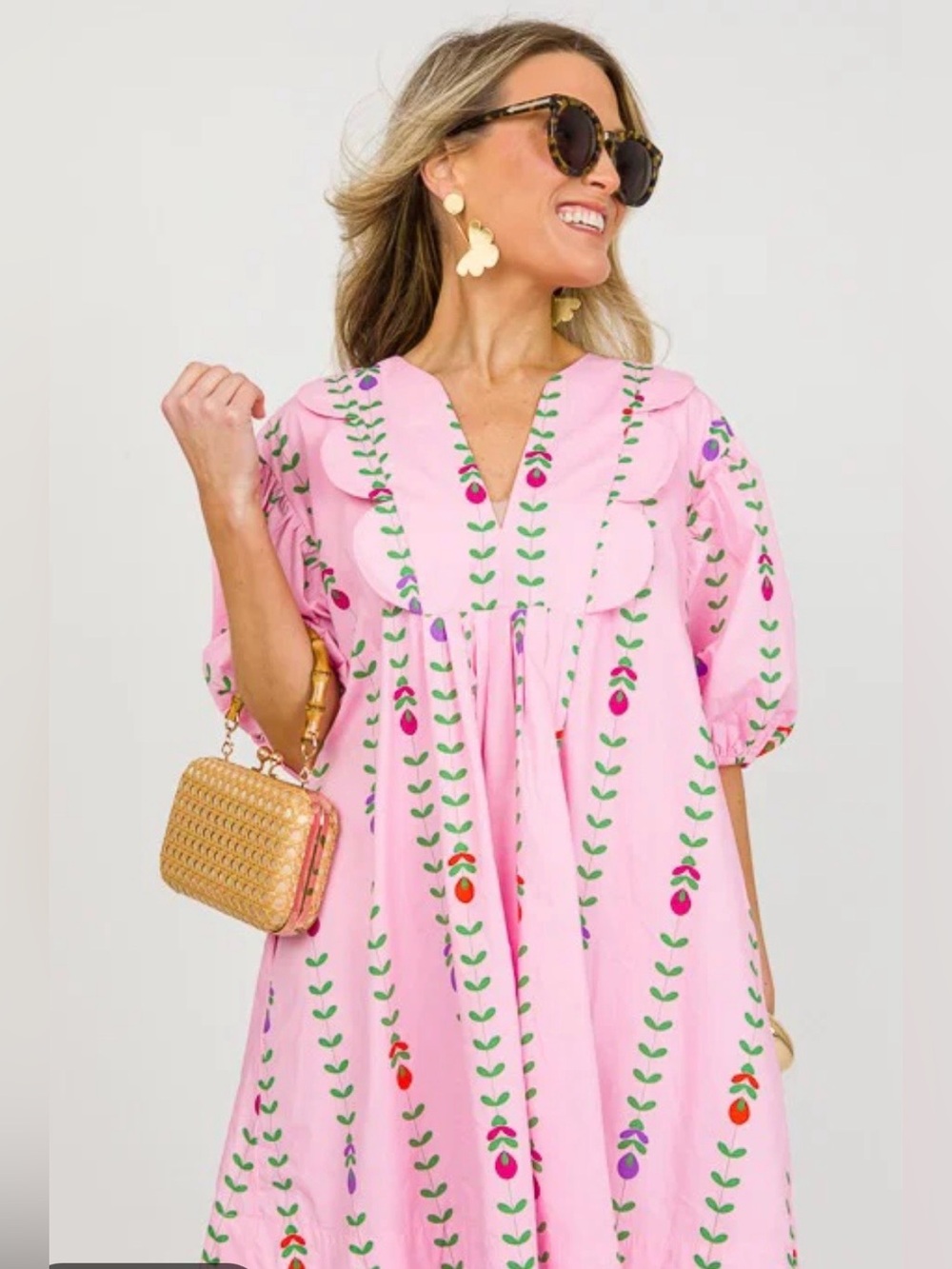 Pink Floral Vine Scallop Dress